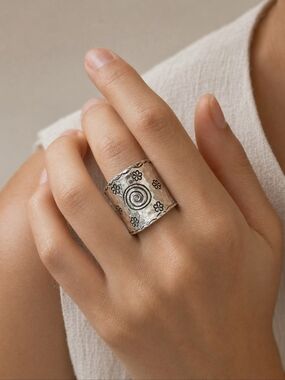 Sterling Silver Handcrafted Wide Band Ring | Floral & Spiral Design | Size 6.75
